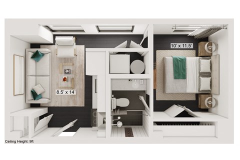 Floor plan for 1 bed, 1 bath, 387 sqft